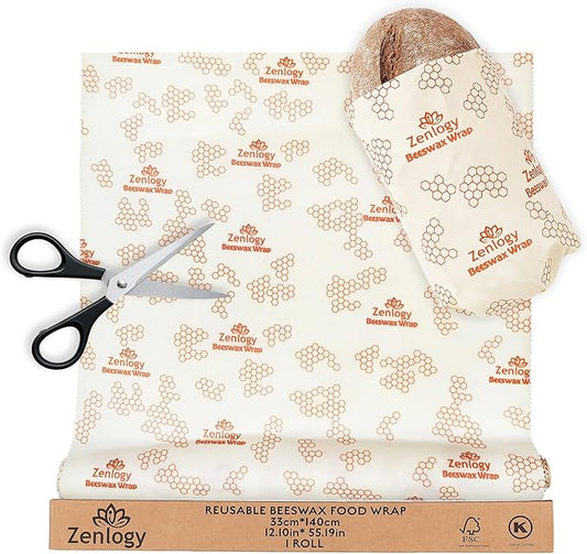 Beeswax Wrap Roll 13" x 55" – Zenlogy Reusable Beeswax Food Wrap, Cut to Size, Organic Cotton & Natural Beeswax, Washable Plastic Free Food Storage