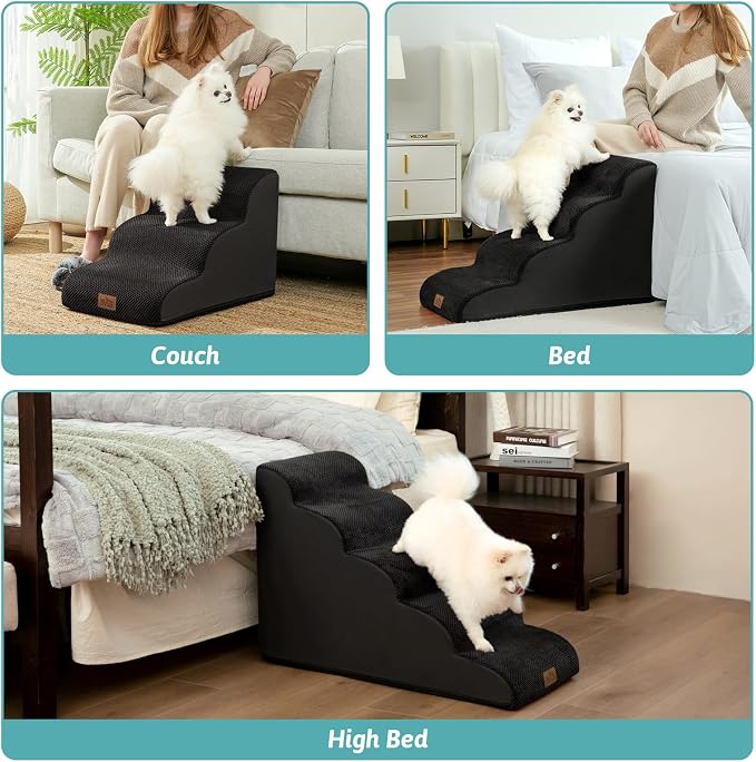COZY KISS Dog Stairs for Small Dogs 15.7" H, Curved Dog Step for Puppy, Older Cat, Medium Pet Ramp for Sofa, Couch or Chair, Ladder with High Density Foam, 3 Step, 15.7x22.4x15.7 inch, Black
