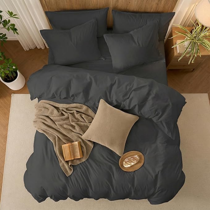 Duvet Cover Set Queen Size, 100% Washed Cotton, Light Weight Breathable Comforter Cover Linen Feel,3PCs Breathable Bedding Set for All Season, Grey 90"x90"