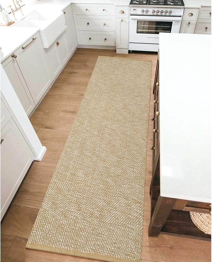 LEEVAN Hallway Runner Rug 2.6' x 8', Tan/Cream Braided Kitchen Runner Rug, Washable Woven Reverisible Bathroom Runner, Farmhouse Entryway Rug, Low-Profile Floor Carpet for Doorway/Laundry Room/Bedroom