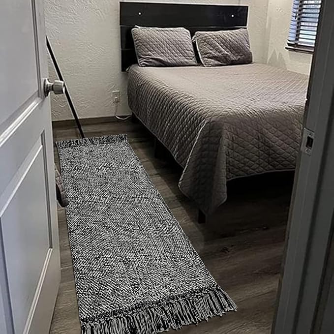 Collive Hallway Runner Rug, 2' x 6' Hand-Woven Reversible Washable , Black Cotton Modern Farmhouse Laundry Room Rug Long Carpet for Bathroom Sink Foyer Bedroom