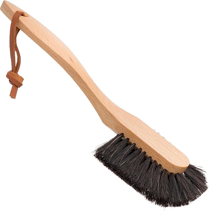 Redecker Dish Brush, Horsehair, Curved Handle – Wrap-Around Bristles for Corner Cleaning, Made in Germany