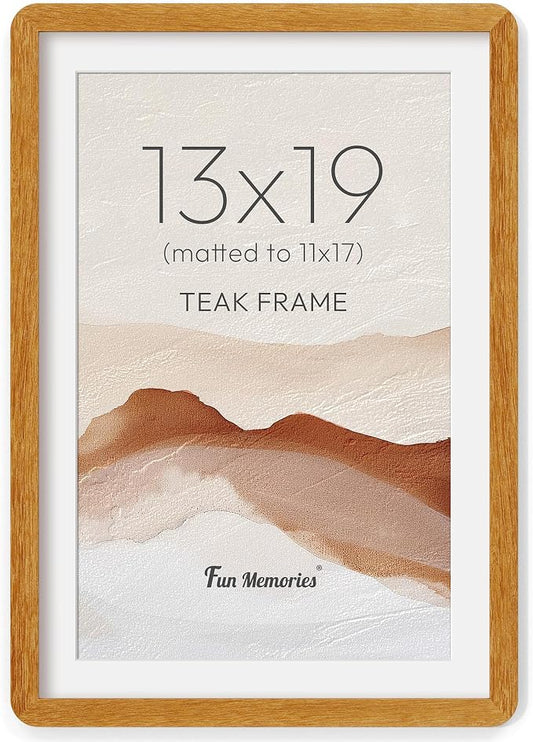 Fun Memories 13x19 Picture Frame - Solid Teak Wood Frame with Mat for 11x17, 13 By 19 Art Wall Frames with HD Tempered Glass, Horizontal or Vertical Wall Display, Natural Teak