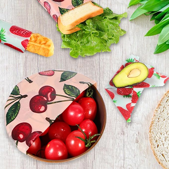 Reusable Beeswax Wrap, 11 Pack Eco-Friendly Beeswax Wraps For Food, Organic, Sustainable, Biodegradable, Zero Waste, Plastic-Free Food Storage, 1L Avocado, 2M Cherry, 4S Strawberry, 4XS Lemon Patterns