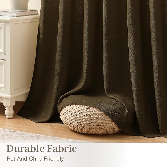 Living Room Pleated Curtains 96 Inches Long, Pinch Pleated Semi Sheer Curtain Rustic Textured Light Filtering Memory Trained Drapes with Hooks Rings for Bedroom, Dark Chocolate, W40xL96, 2 Panel