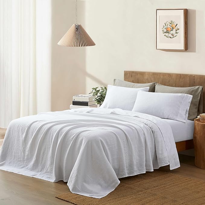 ATLINIA 100% Pure Flax Linen Bedding Set - Stone Washed French Linen Fabric Deep Pocket Fitted Sheet Farmhouse Flat Sheet 2 Pillowcases (White, Full)