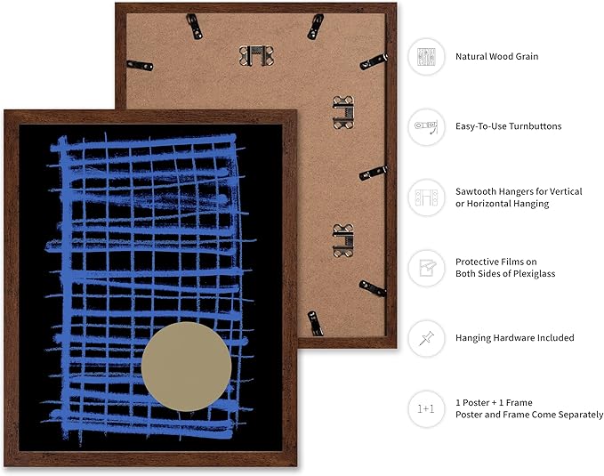 Monem Art Blue Grid Abstract Geometric Print - Modern Minimalist Art Poster - Wall Decor for Living Room, Bedroom or Office - 12x16 Brown Framed Wall Art by Mareike Bohmer
