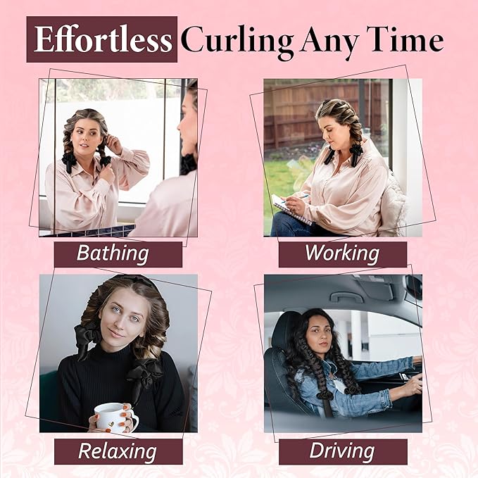 Heatless Curlers, No Heat Curls Overnight, Black Satin Flexi Rod with 6pcs Heatless Curling Set, 2 Scrunchies, 2 Hair Ties, Carry Pouch, Clip for Overnight Hair Curler (Black, All Size)