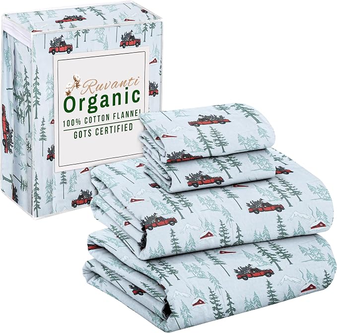 RUVANTI Flannel Sheets Queen Size - GOTS Certified 100% Organic Cotton, 4 Piece Warm, Soft & Breathable Set, Deep Pocket Snug Fit, Double Brushed Cozy All Season Bedding, Merry Miles