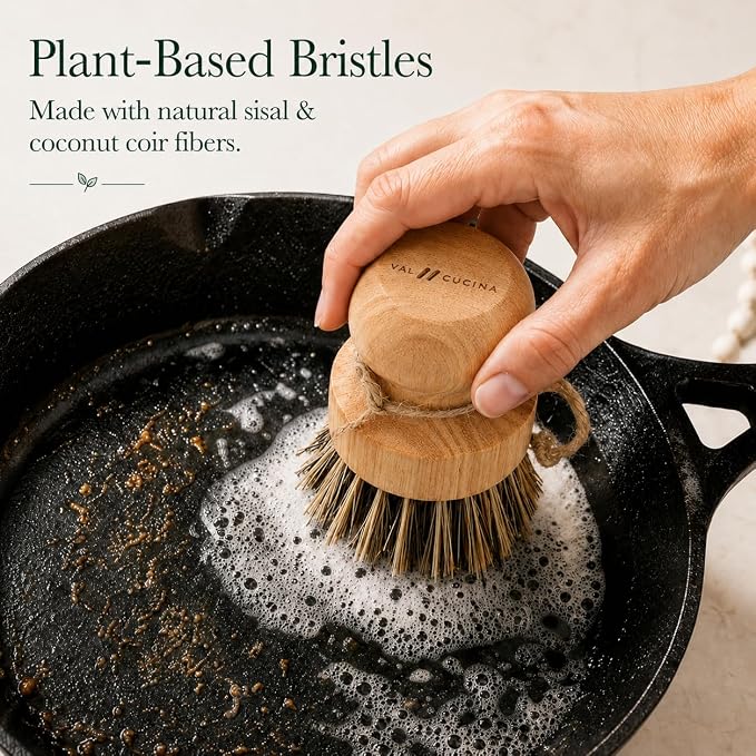 VAL CUCINA Natural Bamboo Dish Brush 2 PCS - Eco-Friendly Wooden Scrub Brush for Dishes, Pots, Pans and Cast Iron Skillet - Plant-Based Sisal & Coconut Bristles Kitchen Sink Scrubber