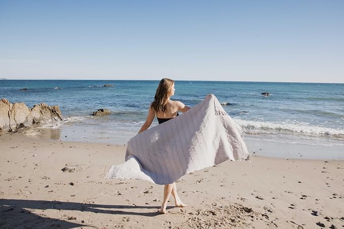 InfuseZen Stonewashed Turkish Cotton Bath and Beach Towel - Beige | 100% Organic, Thin, Soft, Lightweight, Absorbent, Quick-Drying, Large Peshtemal, Sand-Resistant for Shower, Pool, Spa, Travel