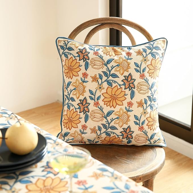 ISAENNE Design Square Simple Elegant Linen Throw Pillow Covers 18"x18" Pack of 2, Blue Yellow Floral Pattern Cushion Covers Decor Pillowcases for Bed,Living Room,Outdoor,Car