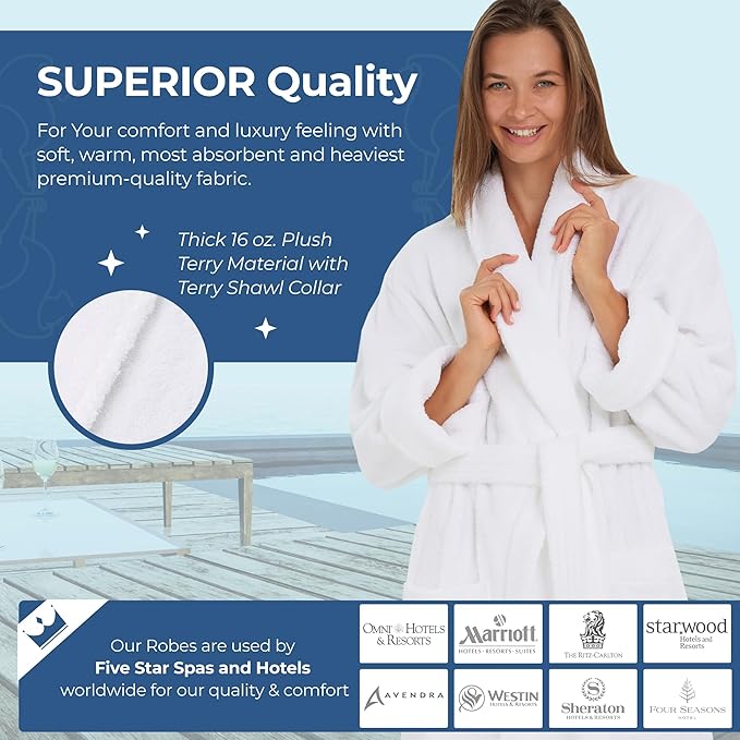 MONARCH Terry Shawl Collar Unisex Bathrobe – Thick Terrycloth Fabric, Generously Sized Hotel & Spa Robe with Pockets