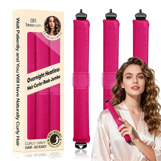 BLAAROOM Overnight Heatless Hair Curler, Upgraded with Hair Pad Grippers Satin Jumbo Flexi Blowout Curls Rods, 3pcs No-Heat Styling Tools Curling Rod to Sleep in for All Hair Types - Rose Red