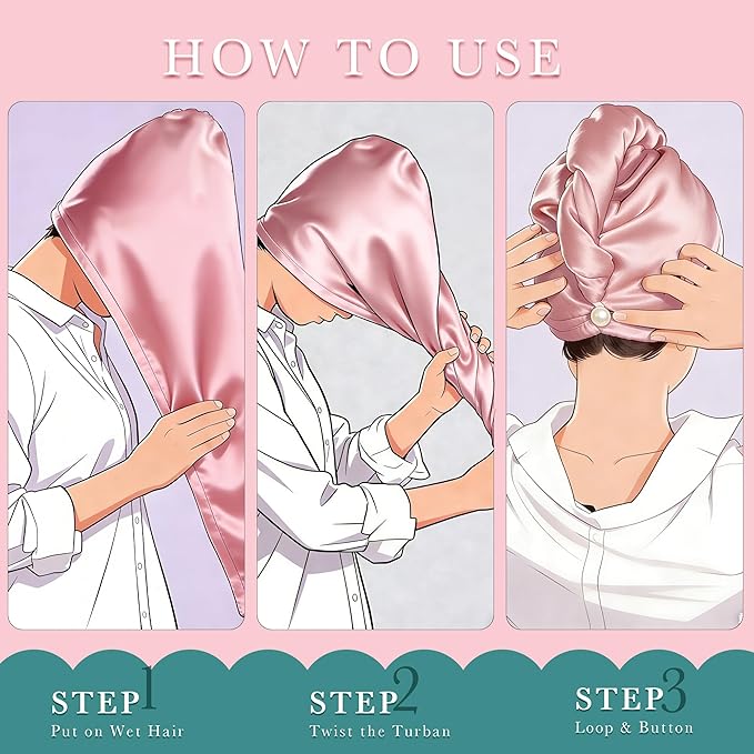 Chloven Satin Microfiber Hair Towel Wrap - 2 Pack Anti frizz Satin Hair Towel Wrap for Women - Hair Wrap Towels for Wet Long Curly Hair with Button - Super Absorbent Hair Drying Towel Wrap