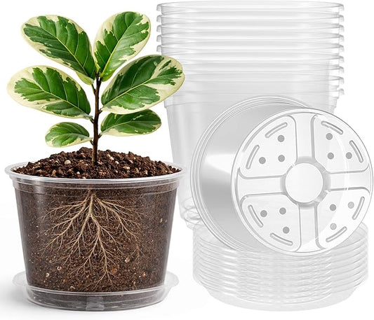 Bluepro 8 Packs 8 Inch Reinforced Large Clear Nursery Pots with Saucers, Transparent Plastic Plant Pot Seedling Planter with Drainage Holes for Vegetable Propagation, Root Cutting, Seed Starting