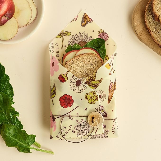 Bee's Wrap Beeswax Wraps for Food - 3 Pack of Medium Beeswax Wraps - Plastic Free Made in USA Reusable Natural Food Wrap - Meadow Magic Print