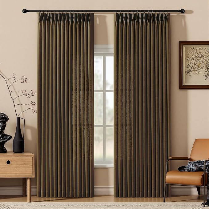 90 Inch Linen Pleated Curtains for Living Room, Light Filtering Pinch Pleated Curtain with Hook Memory Trained Linen Blend Window Drapes for Bedroom Dining Room, 40x90, Dark Chocolate, 2 Panel