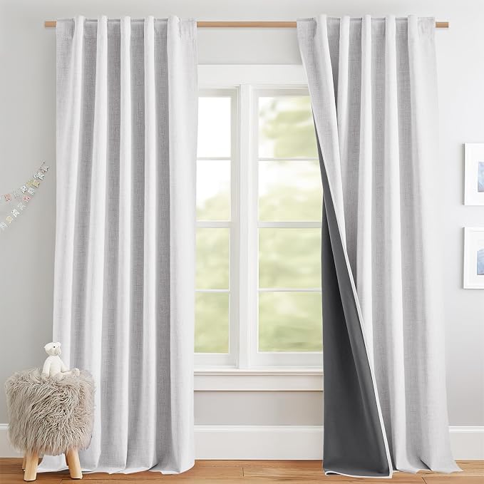 NICETOWN Full Blackout Back Tab Linen Curtains 84" Long 2 Panels Set, Boho-Chic Thick Linen Blend Drapes, Insulated Window Covers with Gray Backing for Bedroom, Living Room (Greyish White, 42" Wide)