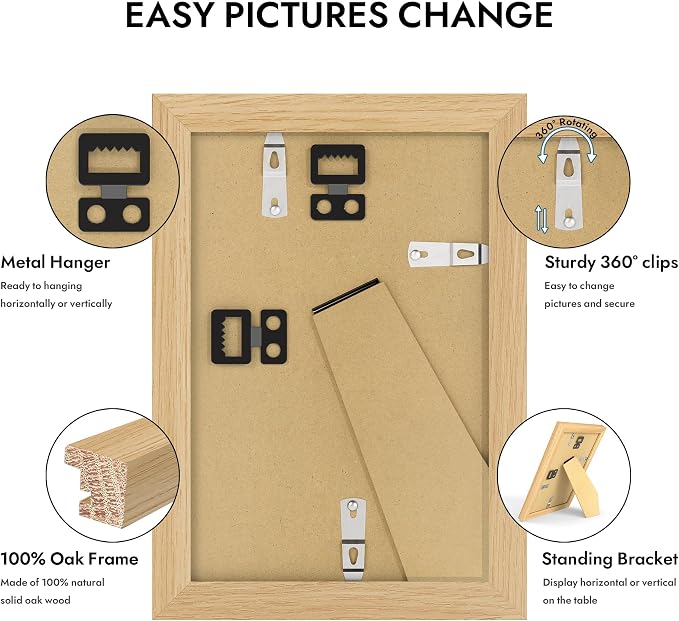 Hongkee 4x6 Oak Wood Picture Frame 1 Pack(Matted 3.5x5), Real Glass Cover | Natural, 4 x 6 Solid Wood Frame for Wall or Tabletop Display - Includes Easel Back, Vertical Hang - Ideal for Home, Office