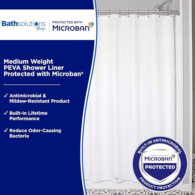 Kenney - Microban PEVA Shower Curtain Liner, Waterproof Medium-Weight 4.8 Gauge Design with Rust-Resistant Metal Grommets and Weighted Magnetic Hem, 70" x 72", White