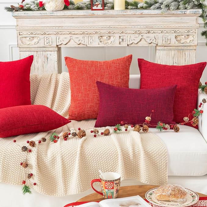 Kevin Textile Supersoft Faux Linen Square Christmas Throw Cushion Cover Pillowcase, Hidden Zipper, 22x22 inch(2 Piece, Burgundy)