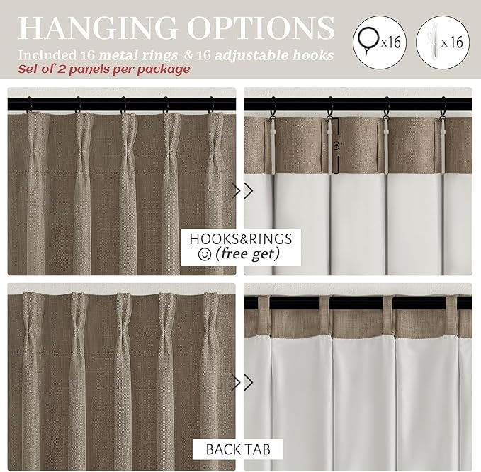Pinch Pleated Double Layer Linen Blackout Dining Room Curtains 78 Inches Long, Memory Trained Dark Flax Noise Cancelling Insulated Rustic Cottagecore Windows Drapes 2 Panels Set 6-1/2 FT Length