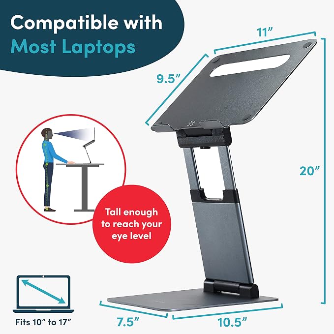 Lifelong Aluminum Adjustable Laptop Stand, Extra Tall 20" Riser, Grey | Ergonomic Portable Foldable Computer Stand, Fits 10-17” Laptops for Office Meetings, Teamwork & Desk Setup