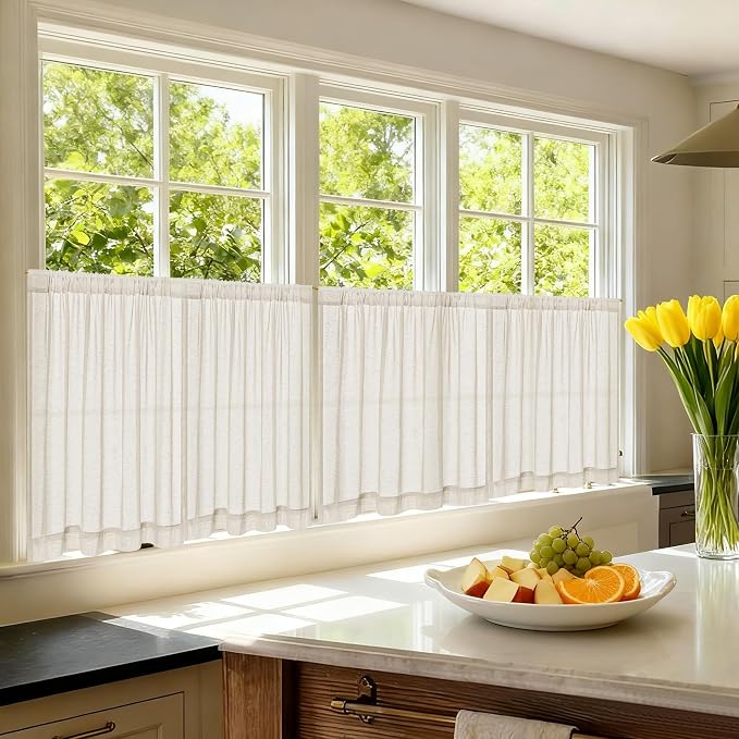 Beige Semi Sheer Linen Kitchen Curtains 24 Inch Length 2 Panels | Cream, Cafe Short Curtains, for Bathroom Small Windows, Light Filtering, Farmhouse, Rod Pocket Drapes, 25x24 Inches Long