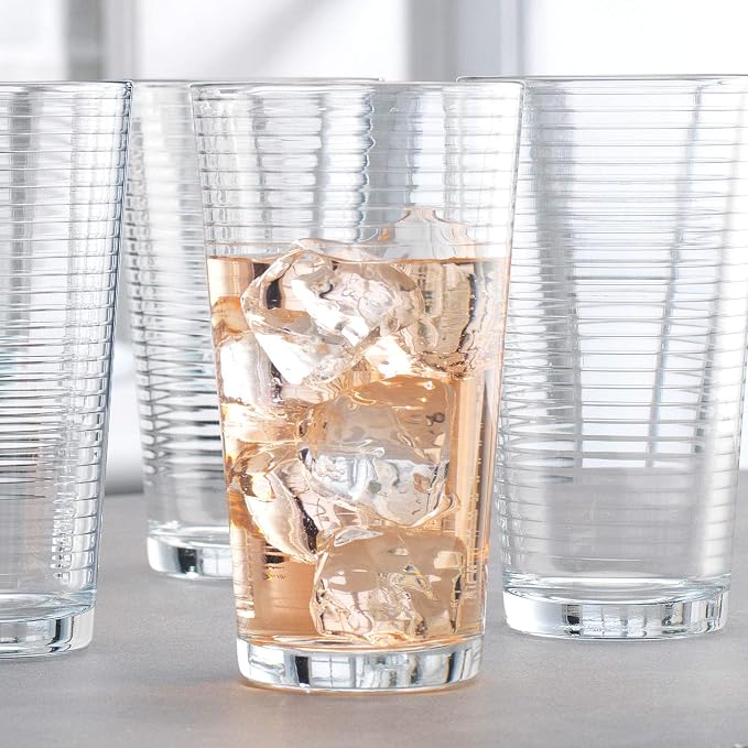 Drinking Glasses - Set of 8 Glass Cups, 4 Highball Glasses (17oz) 4 Rocks Glasses (13oz) Ribbed Glasses for Mixed Drinks, Water, Juice, beer, Wine, Excellent Gift!