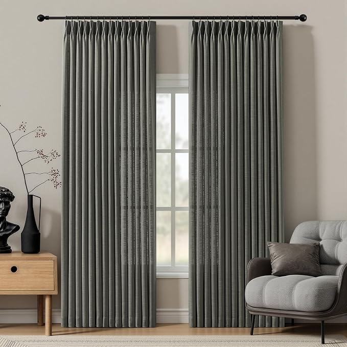 Pinch Pleated Curtains 90 Inch Length for Living Room, Semi Sheer Linen Pleated Curtain with Hooks Rings Light Filtering Back Tab Drapes for Bedroom Dining Room, 40x90, Charcoal Grey, 2 Panels