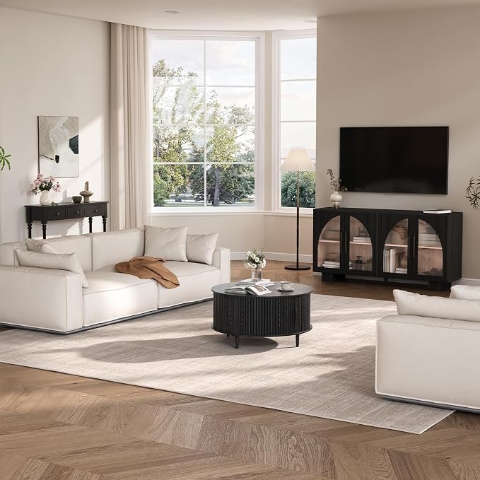 JOINICE 31.5" Round Coffee Table with Storage for Living Room, Black | Hidden Storage,Fluted Sliding Door,Modern Center Table for Small Apartments,Solid Wood Legs,Easy Assembly,Up to 110 lbs