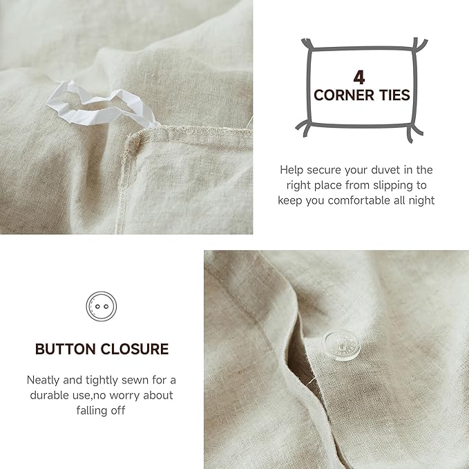 100% Linen Duvet Cover Set, 3 PCS Natural French Flax Linen Duvet Cover King Size, Breathable Soft Comfy Linen Bedding Comforter Cover with 2 Pillowcases(Linen, 104" x 92")