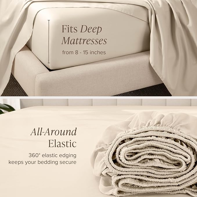 Bare Home 100% Organic Cotton Twin Sheet Set - 400 Thread Count - Smooth Sateen Weave - Breathable & Cooling - Hotel Luxury Set - Deep Pocket Bed Sheets (Twin XL, Sand)