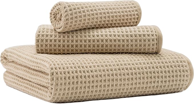 MICROFI Microfiber Waffle Bath Towels, 3 Pieces, Oversized, Soft, Absorbent, Fast Drying, Lint Free, Includes Bath, Face and Hand Towels 430 GSM