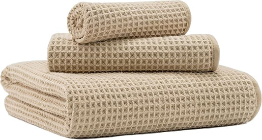 MICROFI Microfiber Waffle Bath Towels, 3 Pieces, Oversized, Soft, Absorbent, Fast Drying, Lint Free, Includes Bath, Face and Hand Towels 430 GSM