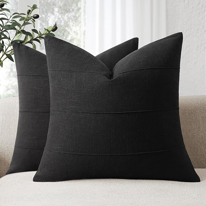ZWJD Decorative Linen Throw Pillow Covers 22x22 Set of 2 Solid Handcrafted Striped Cushion Covers for Bed Soft Modern Farmhouse Neutral Pillowcase for Couch Bedroom Living Room Home Decor(Black)