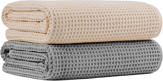 MICROFI New Microfiber Waffle Bath Towels, 2 Pieces, Soft, Absorbent, Fast Drying, Lint Free 430 GSM (Gray+Champagne)