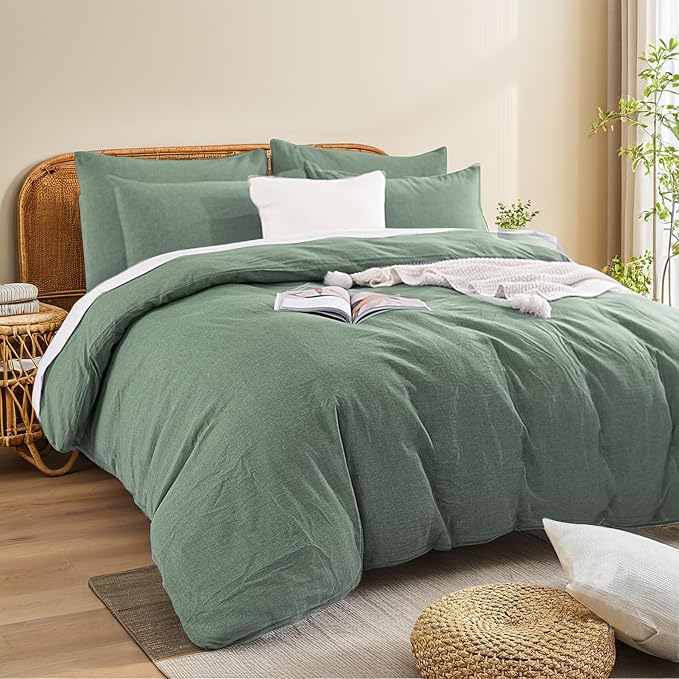 NEXHOME PRO Duvet Cover Queen 100% Washed Cotton, Organic Natural Linen Like Textured, Breathable, Durable, Home Bedding Set, Heathered Green 9090