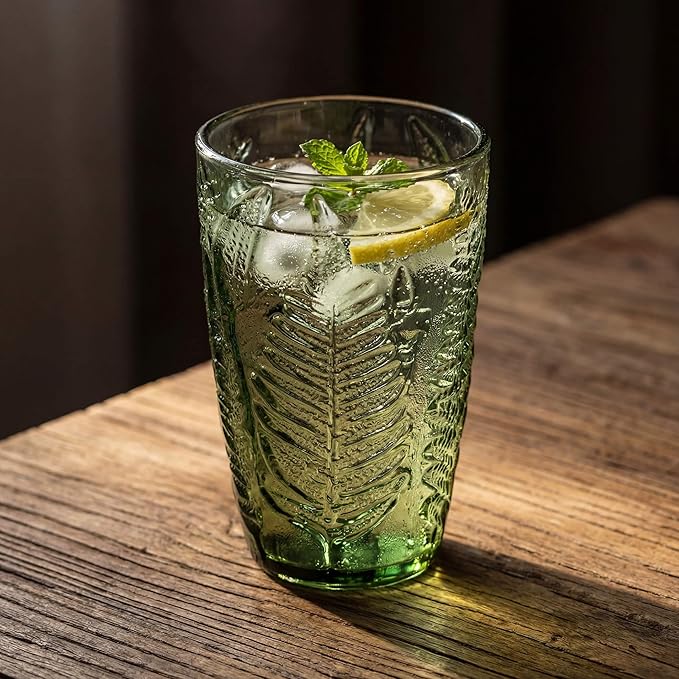 Green Drinking Glasses Set of 8, 12 oz Vintage Hand-Pressed Glass Cups, Fern Textured Highball Tumblers, Antique Style Boho Glassware for Water, Juice, Cocktails & Mocktails, Housewarming Gift Set