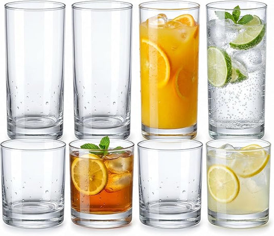 Plastic Drinking Glasses Set of 8, 14oz Rocks & 20oz Water Cups, Unbreakable Plastic Glasses Drinkware, Clear Kitchen Tumblers for Home & Outdoors, Reusable , BPA-Free, Top-Rack Dishwasher Safe