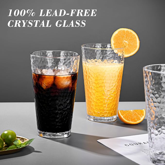 Amyoole Drinking Glasses Set of 8,16oz Clear Highball Water Glasses,Stackable Lead-Free Hammered Glass Cups,Kitchen Drinkware Glassware for Cocktail,Beer,Juice,Iced Tea,Margaritas and Mixed Drinks