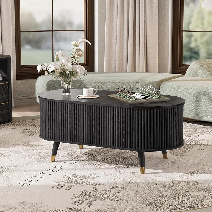 JOINICE 42.5" Oval Lift Top Coffee Table with Storage,Modern Black Center Table with Fluted Design, Solid Wood Legs & Hidden Compartment, Pop Up Coffee Table for Living Room