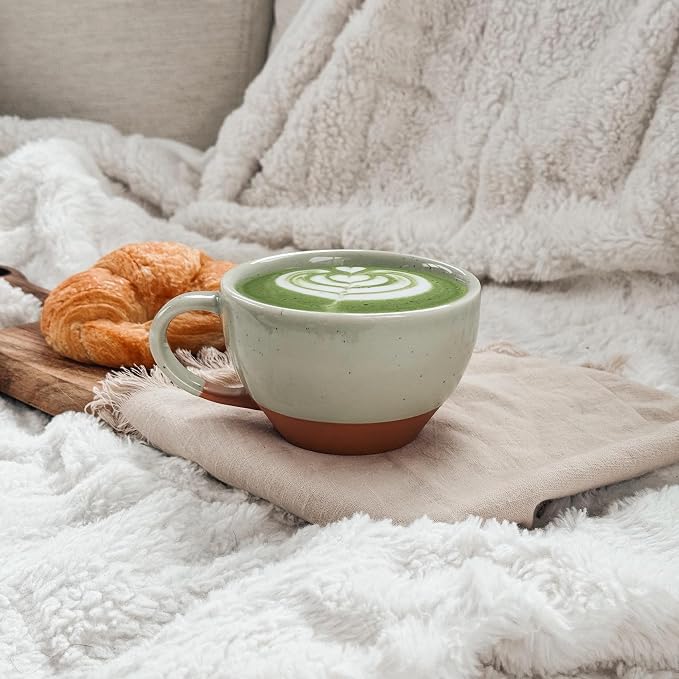 MORA Ceramic Latte Art Mug With Saucer - 10.5 oz, Round Bottom For Perfect Pours - Cafe Cups for Cappuccino, Espresso, Coffee, Tea etc - Porcelain Set for Baristas, Great Gift - Light Matcha