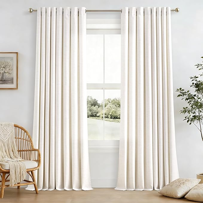 Extra Long Curtains 120 Inch Length Ivory Beige White Linen Light Filtering Semi Sheer Grommet Ring Top Drapes Thick Linen Privacy 2 Panel Curtain for Large Window 10 Ft 52x120