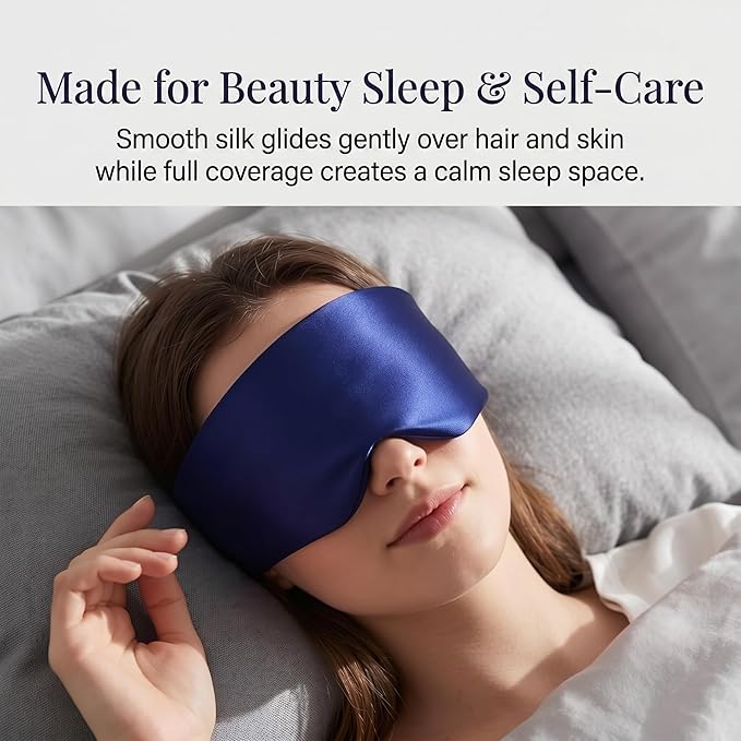 Silk Sleep Mask for Side Sleepers, Blackout Eye Mask for Sleeping Women Men, 100% 22 Momme Mulberry Silk, Full Coverage Face-Hugging Sleep Mask for Travel, Naps & Shift Workers, Blue