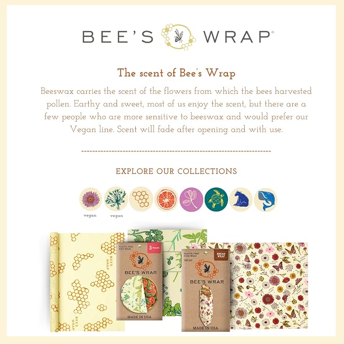 Bee's Wrap Beeswax Wraps for Food - 3 Pack of Assorted Beeswax Wraps - Small, Medium & Large Wrap - Plastic Free Made in USA Reusable Natural Food Wrap - Bees & Bears Print