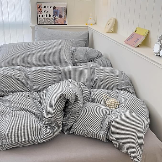 mixinni Grey Striped Duvet Cover Queen Size - 100% Washed Cotton Pinstripe Comforter Cover with Zipper Closure, Lightweight & Breathable, 3 Pieces Minimalist Stripes Pattern Printed Bedding Set