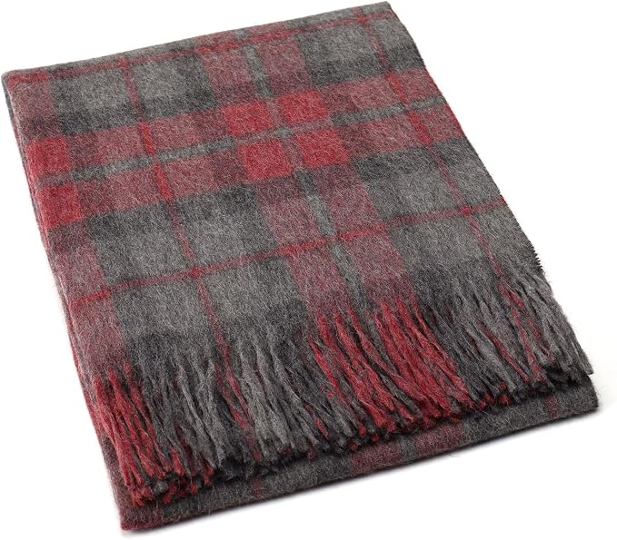 Superfine Alpaca Wool Throw Blanket - Lightweight Alpaca Merino Wool Throw Blankets | Soft Peruvian Alpaca Blanket Wool Blanket Scottish Design 72" x 60" (Gray/Red)