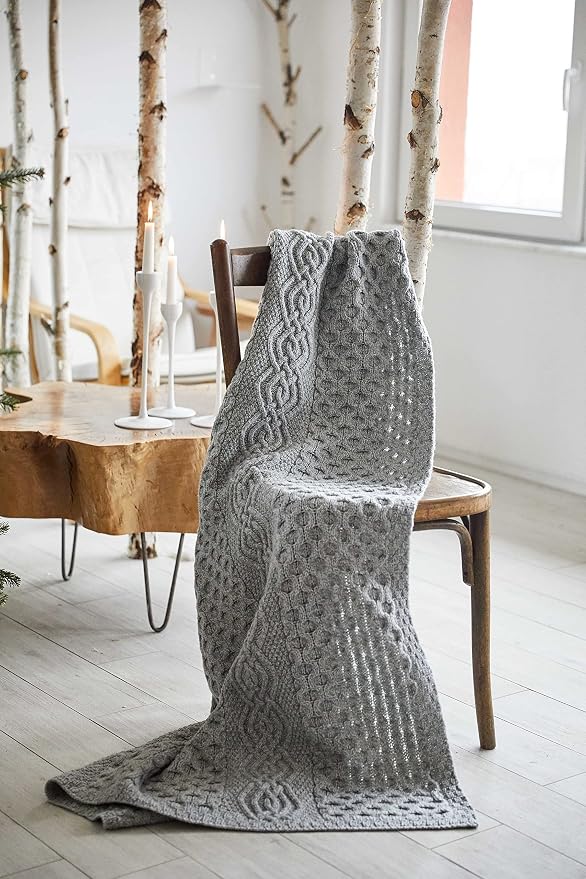 SAOL Honeycomb and Cable Knit Patterns 100% Irish Merino Wool Aran Throw/Blanket in Natural/Green Color 60 x 40 inches (Grey)